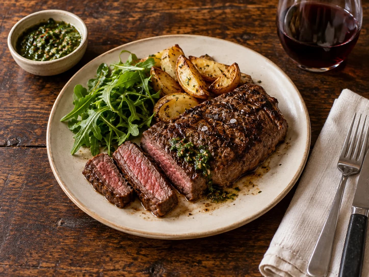 Serviervorschlag: gegrilltes Steak mit Chimichurri und einem Glas Rotwein auf einem Holztisch